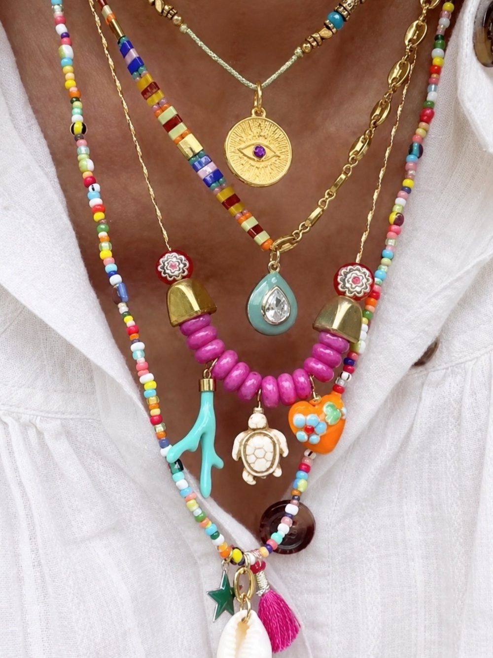 Multicolor Layered Beaded Necklace with Pink and Turquoise Accents